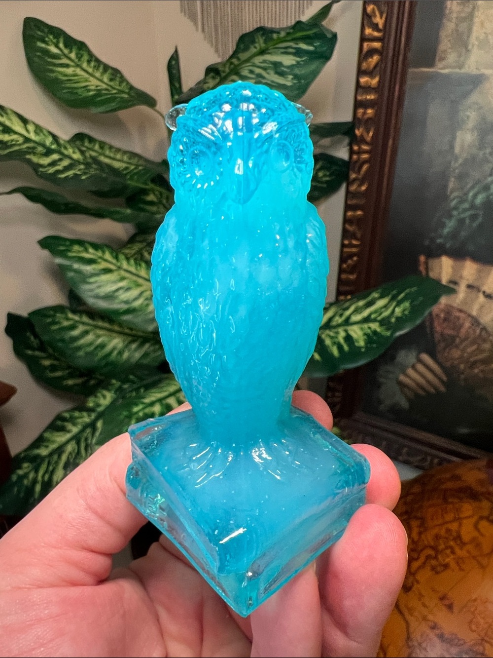 Vintage Degenhart Blue Opalescent Glass Wise Owl on Books Figurine Statue